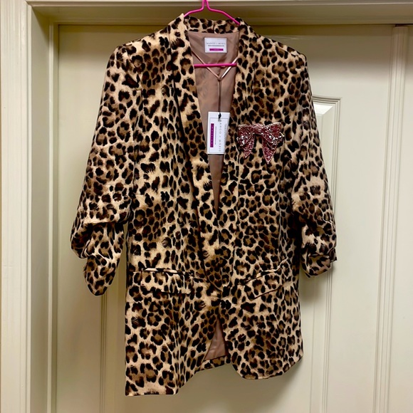 Brand NWT, animal print blazer w/pink panther rhinestones, removable bow - Picture 3 of 5